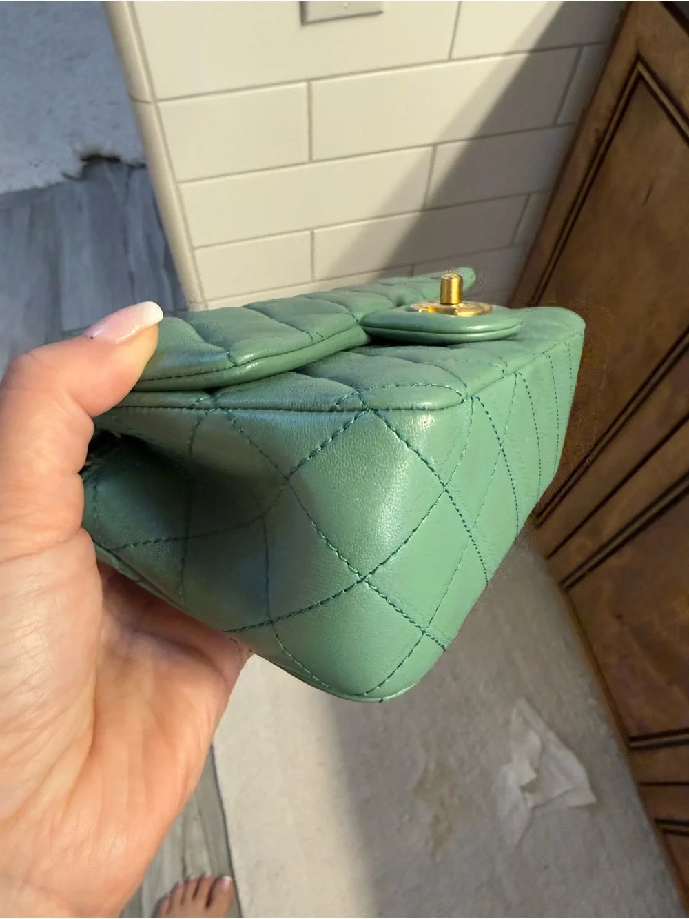 CHANEL Quilted Mint Green Lambskin Shoulder Bag with Gold Hardware